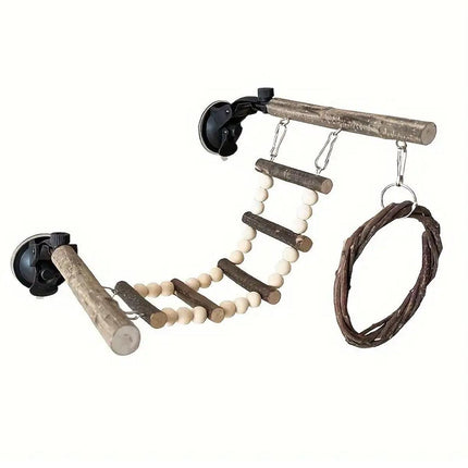 Wooden Parrot Stand Climbing Ladder Swing Toy for Birds Cage Play Accessories - Suction Cup Type.