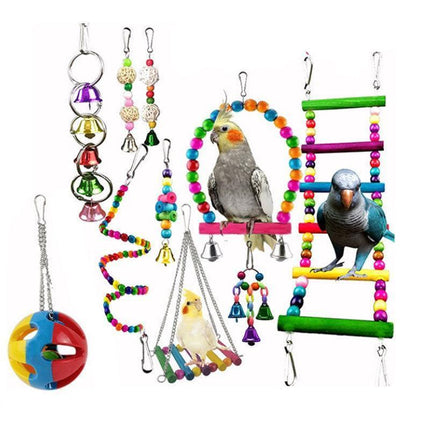 10pcs Parrot Toys Set Swing Ladder Chew Bell Toys for Cockatiels Budgies Cages.