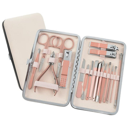 18 Piece Rose Gold Stainless Steel Manicure Pedicure Set With Travel Case.