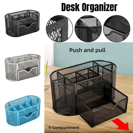 Creative Metal Desktop Pen Holder Multi-function Storage Box Organizer Rack - Grey.