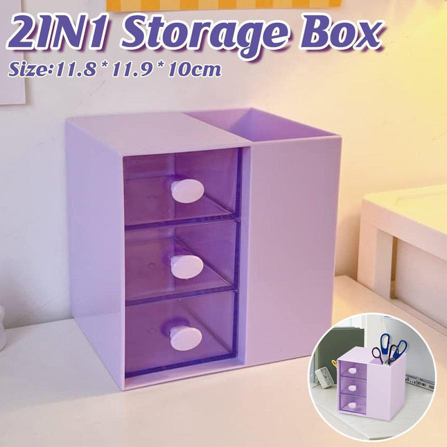 2IN1 Pumping Pen Container Storage Box Cosmetic Drawer Office Organizer Box.