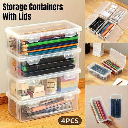 Transparent Stationery Organiser Box with Lid Pencil Pen Case Holder 4pcs Set.