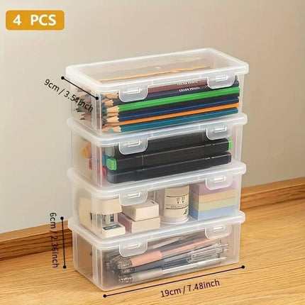 Transparent Stationery Organiser Box with Lid Pencil Pen Case Holder 4pcs Set.