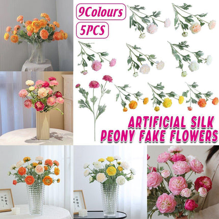 5pcs Artificial Peony Silk Flowers Bouquet Decor Faux Floral Arrangements - Champagne.