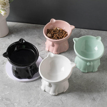 Ceramic Cat Bowl Cute Tall Raised Cat Food Bowl for Pets Eating Comfortably - Green.