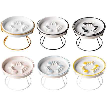 Ceramic Cat Bowl Slow Feeder Pet Food Tray for Cats and Dogs Non Slip Design - Black Bowl-Black Tray Rack.