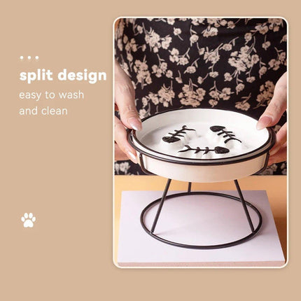 Ceramic Cat Bowl Slow Feeder Pet Food Tray for Cats and Dogs Non Slip Design - Black Bowl-Black Tray Rack.