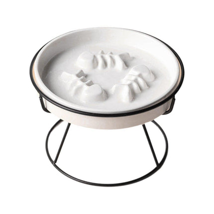 Ceramic Cat Bowl Slow Feeder Pet Food Tray for Cats and Dogs Non Slip Design - Black Bowl-Black Tray Rack.
