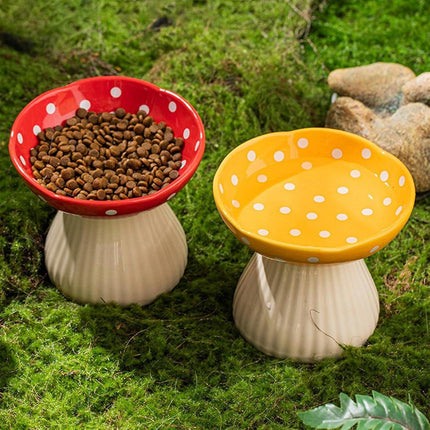 Pet Elevated Mushroom Bowl Ceramic Cat Dog Bowl Dish Food Feeder Raised Cat Bowl - Red.