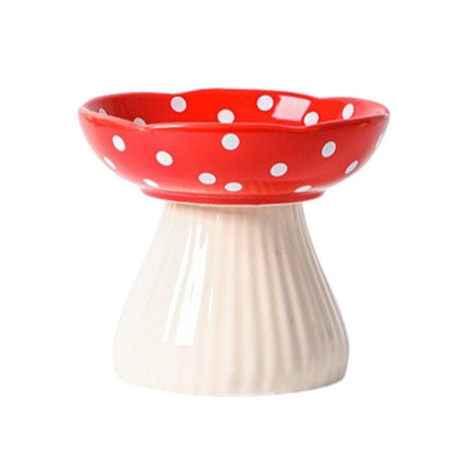 Pet Elevated Mushroom Bowl Ceramic Cat Dog Bowl Dish Food Feeder Raised Cat Bowl - Red.
