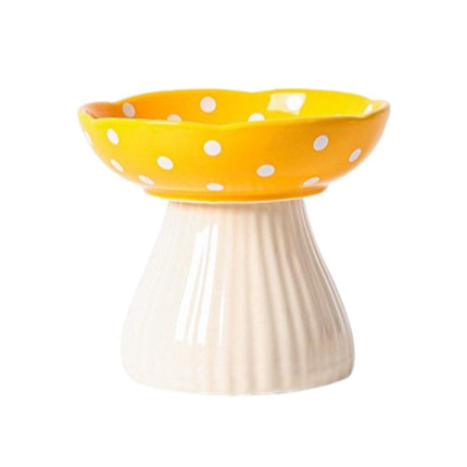 Pet Elevated Mushroom Bowl Ceramic Cat Dog Bowl Dish Food Feeder Raised Cat Bowl - Yellow.