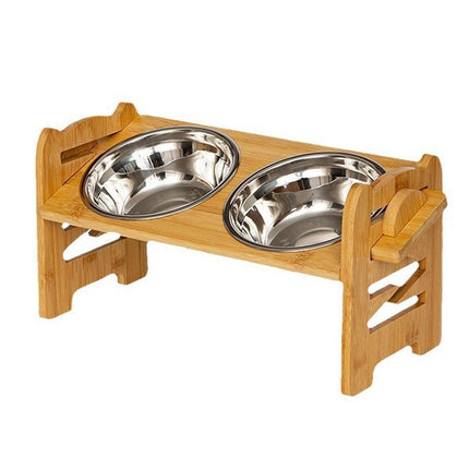 Wood Adjustable Elevated Raised Pet Dog Feeder Stainless Steel Bowl Water Stand.