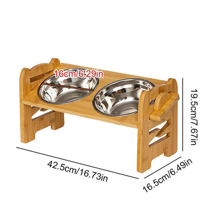 Wood Adjustable Elevated Raised Pet Dog Feeder Stainless Steel Bowl Water Stand.