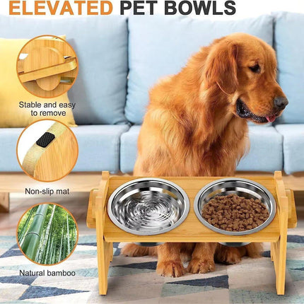 Wood Adjustable Elevated Raised Pet Dog Feeder Stainless Steel Bowl Water Stand.