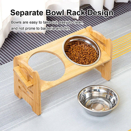 Wood Adjustable Elevated Raised Pet Dog Feeder Stainless Steel Bowl Water Stand.