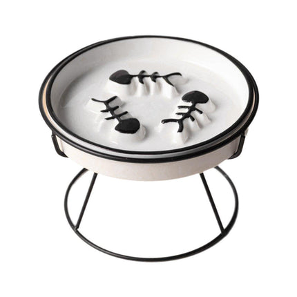 Ceramic Cat Bowl Slow Feeder Pet Food Tray for Cats and Dogs Non Slip Design - Yellow Bowl-White Tray Rack.