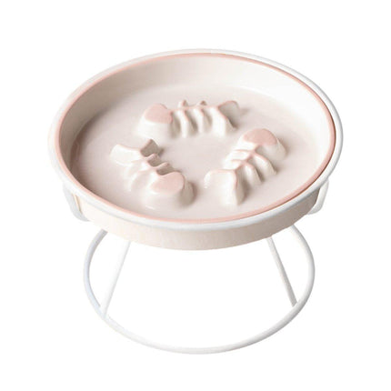 Ceramic Cat Bowl Slow Feeder Pet Food Tray for Cats and Dogs Non Slip Design - Yellow Bowl-White Tray Rack.