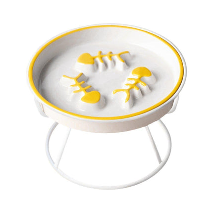 Ceramic Cat Bowl Slow Feeder Pet Food Tray for Cats and Dogs Non Slip Design - Yellow Bowl-White Tray Rack.