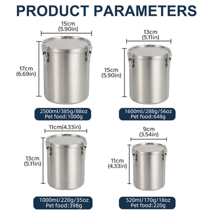 Stainless Steel Pet Food Storage Bucket Dog Cat Grain Container Bin Kitchen - 1000ml.