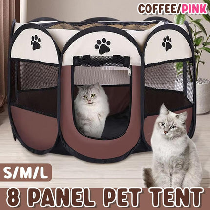 Pet Fence Indoor Cat Dog Tent Octagonal Fence Portable Foldable Cage Kennel - L-Coffee.
