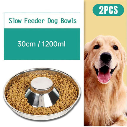 2pcs Stainless Steel Dog Cat Slow Feeder Pet Food Bowl Non-Slip Stop Eating Dish.