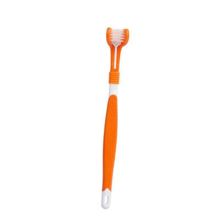 Three Sided Dog Toothbrush Pet Cat Teeth Cleaning Tool Oral Mouth Care Soft Bristle - Orange.