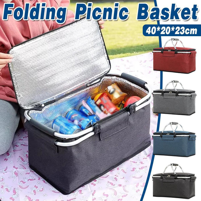 Folding Picnic Basket Insulated Cooler Bag Portable Outdoor Grocery Storage - Grey.
