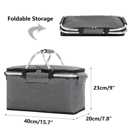 Folding Picnic Basket Insulated Cooler Bag Portable Outdoor Grocery Storage - Grey.