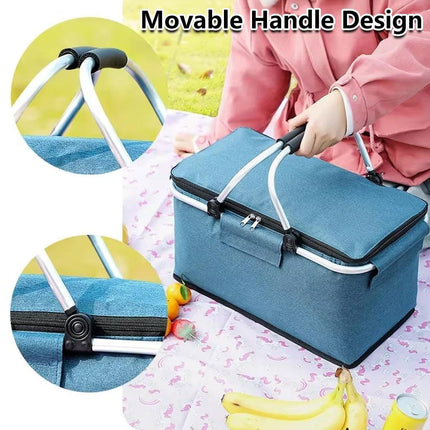Folding Picnic Basket Insulated Cooler Bag Portable Outdoor Grocery Storage - Grey.