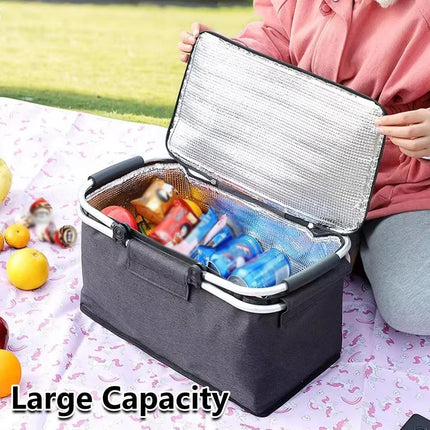 Folding Picnic Basket Insulated Cooler Bag Portable Outdoor Grocery Storage - Grey.