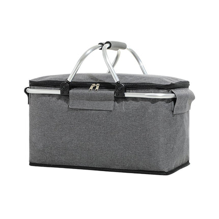 Folding Picnic Basket Insulated Cooler Bag Portable Outdoor Grocery Storage - Grey.