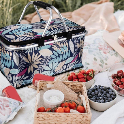 Foldable Picnic Basket Outdoor Camping Carrying Basket Portable Food Storage - Navy.