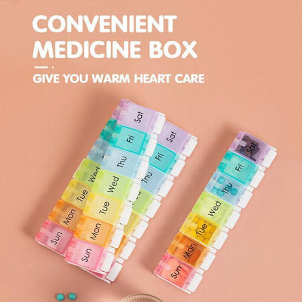 7 Day Weekly Pill Organizer Box with Push Button Rainbow Compartments Travel Case.