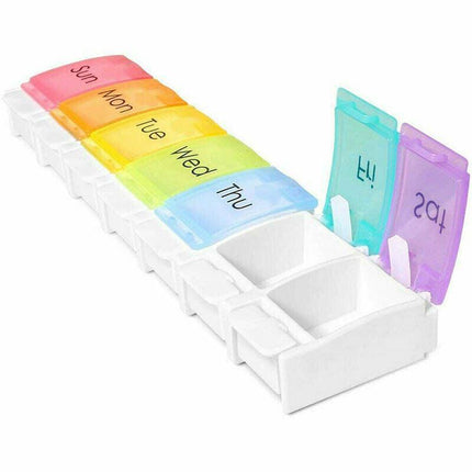 7 Day Weekly Pill Organizer Box with Push Button Rainbow Compartments Travel Case.