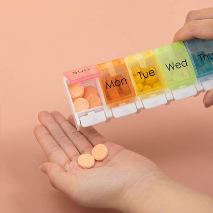 7 Day Weekly Pill Organizer Box with Push Button Rainbow Compartments Travel Case.