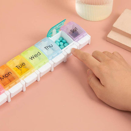 7 Day Weekly Pill Organizer Box with Push Button Rainbow Compartments Travel Case.