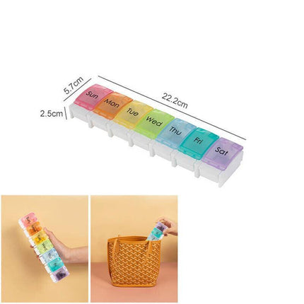 7 Day Weekly Pill Organizer Box with Push Button Rainbow Compartments Travel Case.