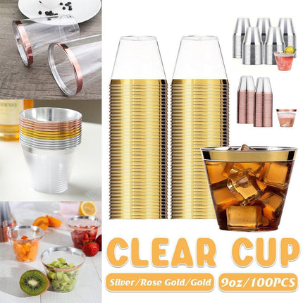 100pcs 9OZ Hot Gold Silver Plastic Wine Cup Western Food Cup Ice Cream - Gold.