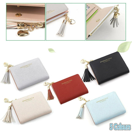 Ladies Short Wallet Small Leather Purse Folding Card Holder Coin Pocket Tassel Design - Red.