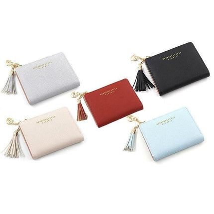 Ladies Short Wallet Small Leather Purse Folding Card Holder Coin Pocket Tassel Design - Red.