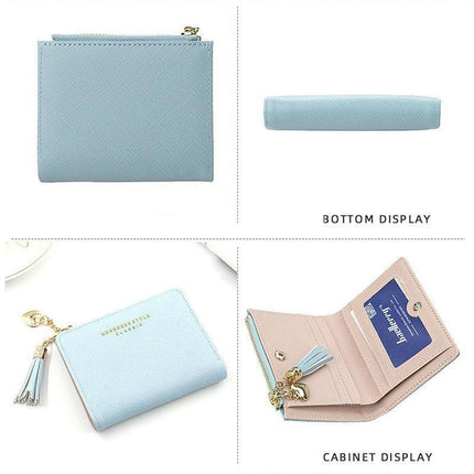 Ladies Short Wallet Small Leather Purse Folding Card Holder Coin Pocket Tassel Design - Red.