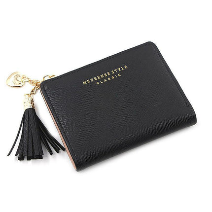 Ladies Short Wallet Small Leather Purse Folding Card Holder Coin Pocket Tassel Design - Red.