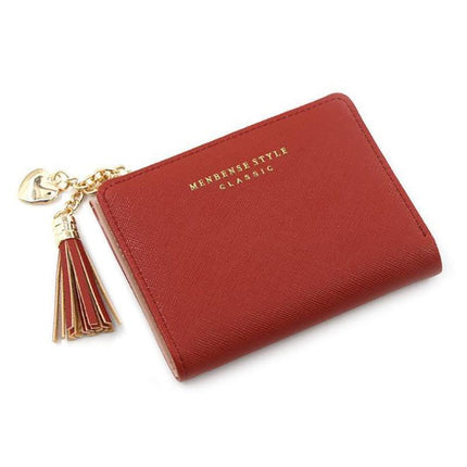Ladies Short Wallet Small Leather Purse Folding Card Holder Coin Pocket Tassel Design - Red.