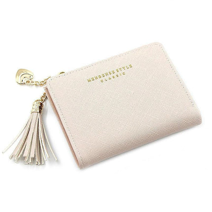 Ladies Short Wallet Small Leather Purse Folding Card Holder Coin Pocket Tassel Design - Red.
