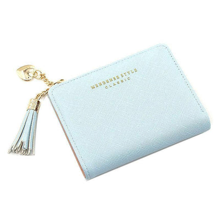 Ladies Short Wallet Small Leather Purse Folding Card Holder Coin Pocket Tassel Design - Red.