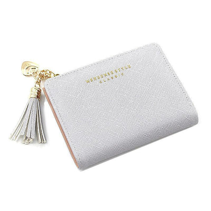 Ladies Short Wallet Small Leather Purse Folding Card Holder Coin Pocket Tassel Design - Red.