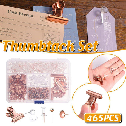 465PCS Rose Gold Thumbtacks Binder Clips Push Pins Set Office Supplies With Box.