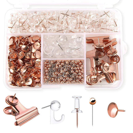 465PCS Rose Gold Thumbtacks Binder Clips Push Pins Set Office Supplies With Box.