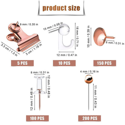 465PCS Rose Gold Thumbtacks Binder Clips Push Pins Set Office Supplies With Box.
