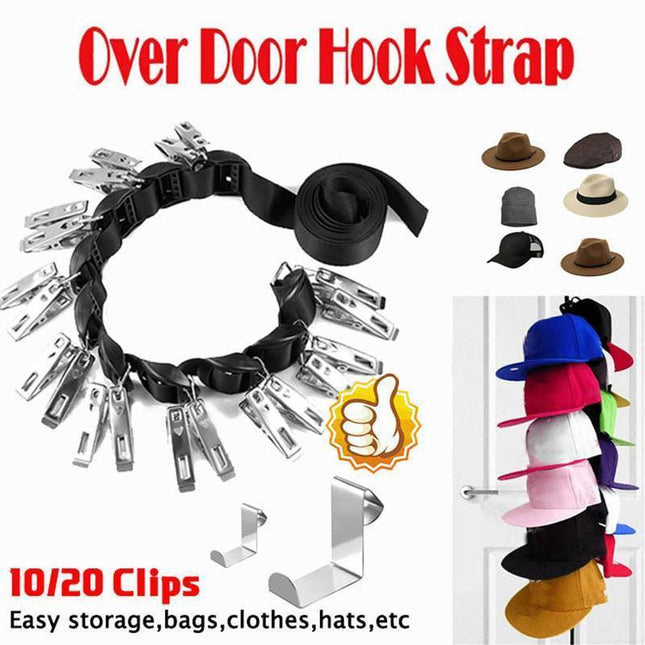 Over Door Hat Rack Baseball Cap Holder Storage Strap with Clips Closet Organizer - 10 Clips.